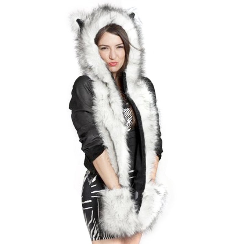 Fakeface Winter Animal Hat Faux Fur Hooded Scarf Cute Furry Ears Paw Gloves Pocket Hoodie Beanie Cap Party Costume for Women Girls (White) - Image 1